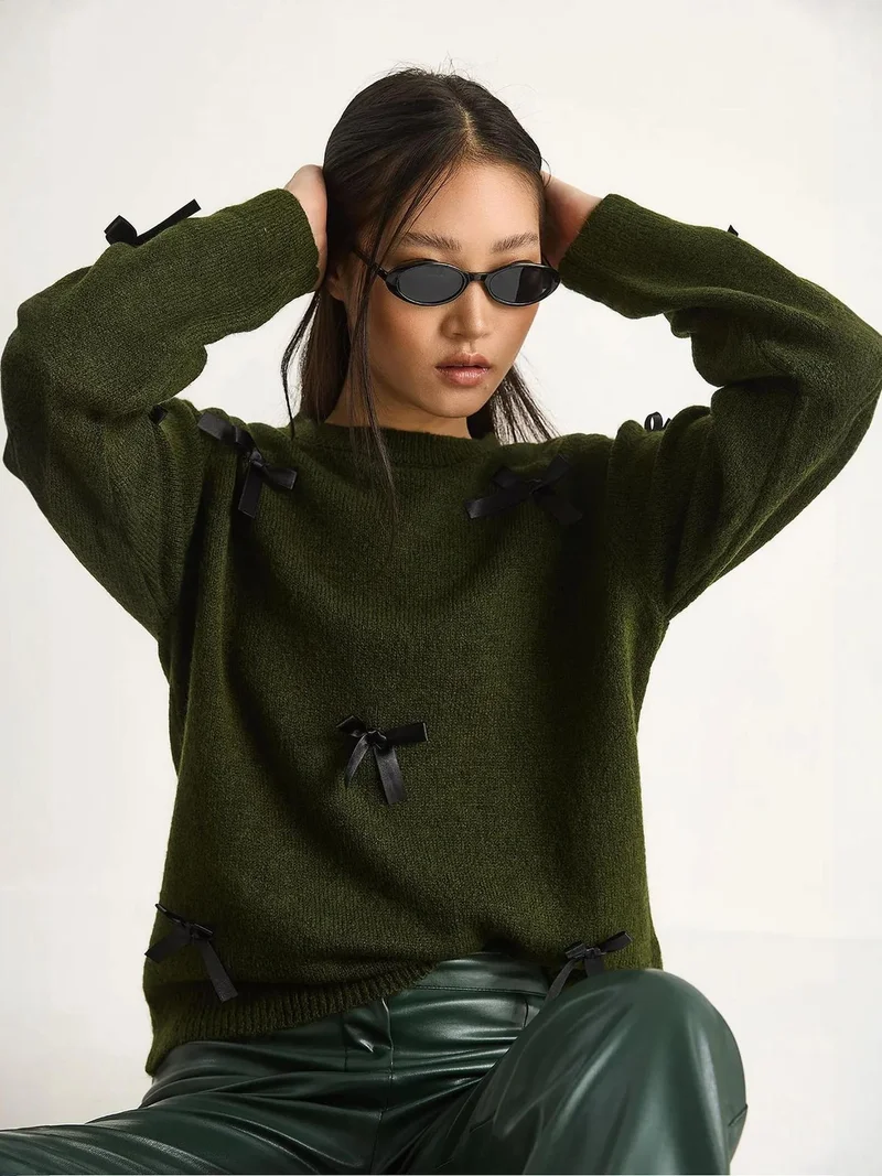 Bianco Lucci Forest Green LUCCI Bow Detailed Crew Neck Sweater for Women | Best Price UAE