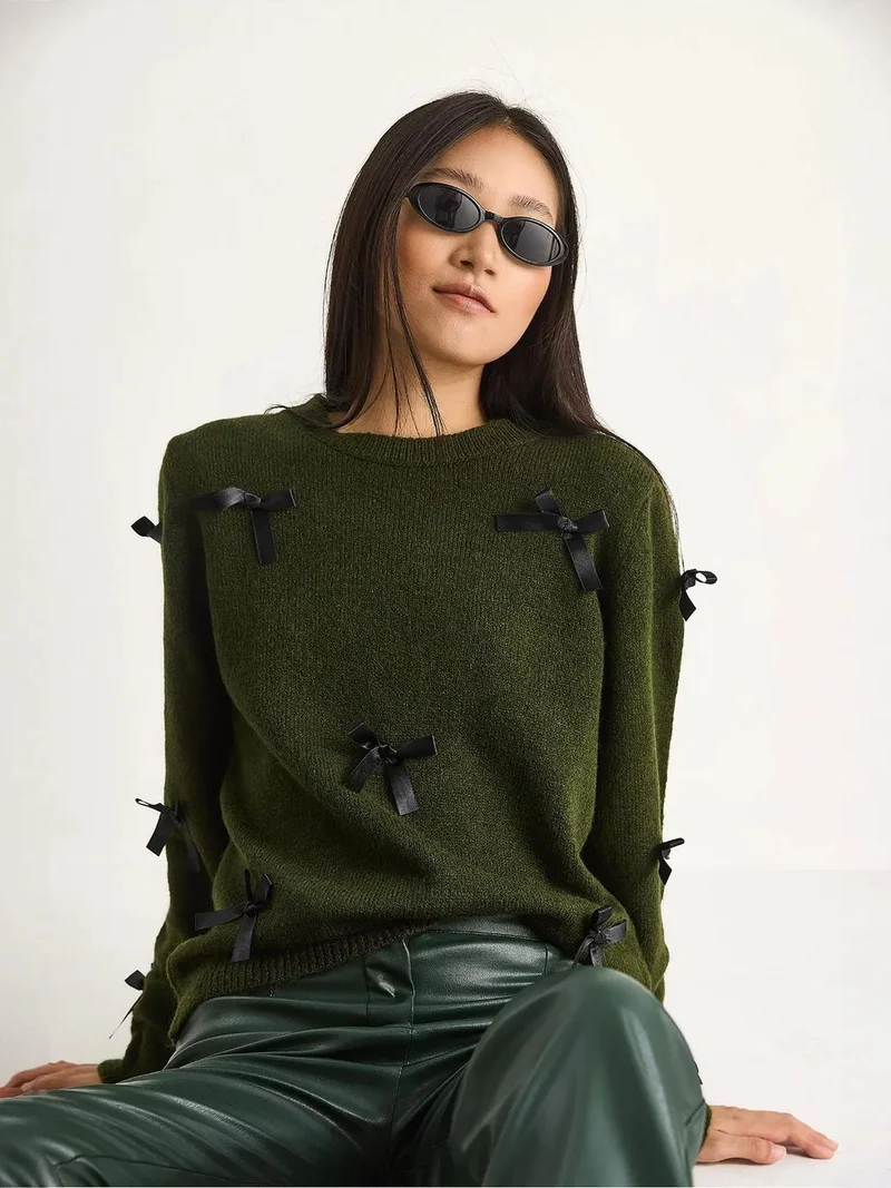 Bianco Lucci LUCCI Bow Detailed Crew Neck Sweater