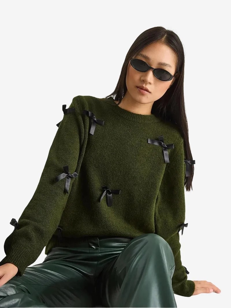Bianco Lucci Forest Green LUCCI Bow Detailed Crew Neck Sweater for Women | Best Price UAE