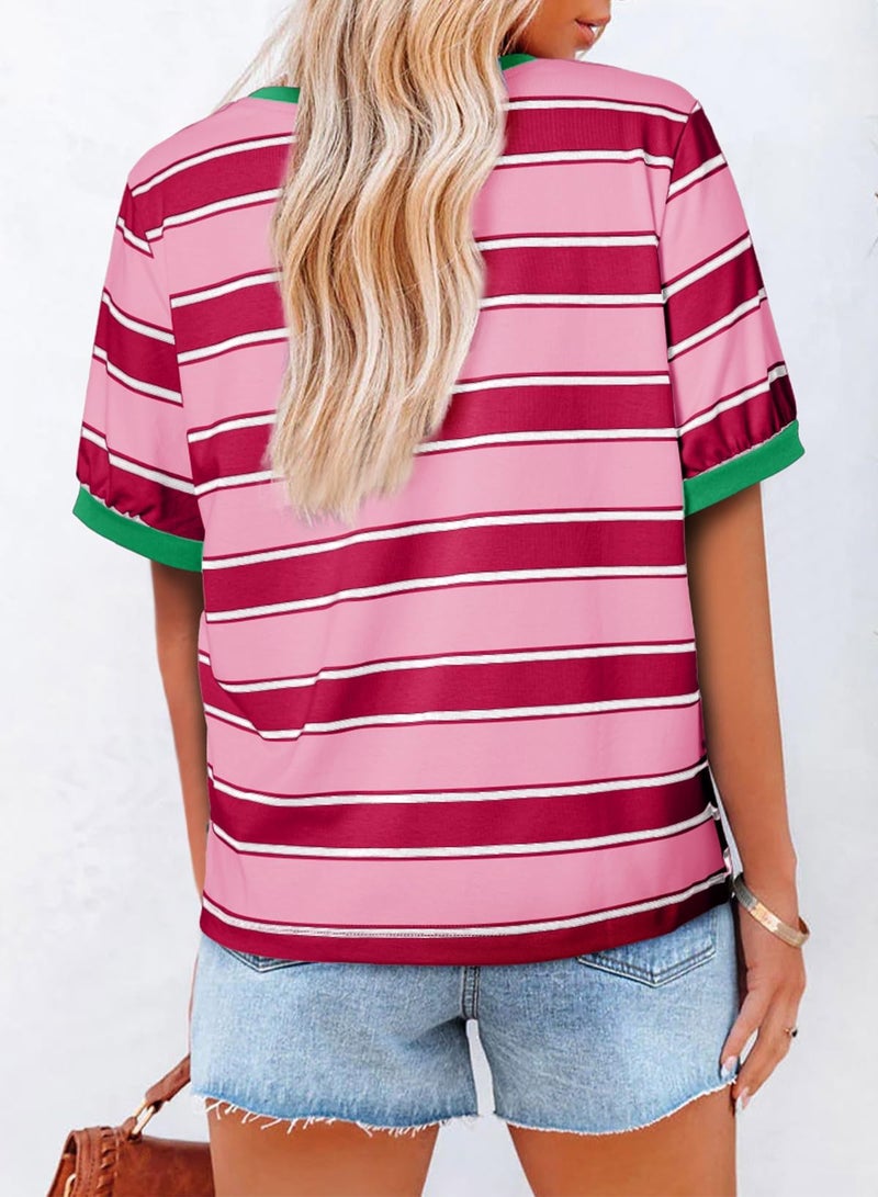 Lafural Womens Tops Cotton Casual Color Block Striped Short Sleeve Shirts Crewneck T Shirts Loose Basic Tee Blouses Pink Red L - Image 2