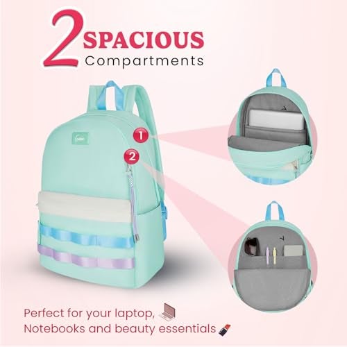 Genie Kpack Casual Backpack for Girls |17 In-20 Ltr with Laptop Sleeve,Two Compartments,Organizer and Light Weight with Padded Shoulders |Best for Books,Stationery,Lunch Box & Essentials - Mint - Image 2