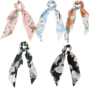 NW 5 Pieces Satin Hair Bobbles with Bow Floral Hair Band Elastic Hair Bands Hair Scarf Hair Ties Ponytail Holder Hair Accessories for Women and Girls Multicolor - Image 3