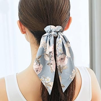NW 5 Pieces Satin Hair Bobbles with Bow Floral Hair Band Elastic Hair Bands Hair Scarf Hair Ties Ponytail Holder Hair Accessories for Women and Girls Multicolor - Image 4