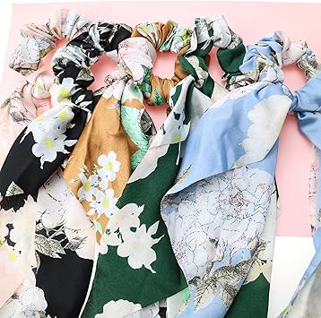 NW 5 Pieces Satin Hair Bobbles with Bow Floral Hair Band Elastic Hair Bands Hair Scarf Hair Ties Ponytail Holder Hair Accessories for Women and Girls Multicolor - Image 5