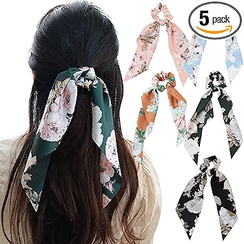 NW 5 Pieces Satin Hair Bobbles with Bow Floral Hair Band Elastic Hair Bands Hair Scarf Hair Ties Ponytail Holder Hair Accessories for Women and Girls Multicolor - Image 1