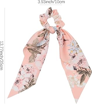 NW 5 Pieces Satin Hair Bobbles with Bow Floral Hair Band Elastic Hair Bands Hair Scarf Hair Ties Ponytail Holder Hair Accessories for Women and Girls Multicolor - Image 2