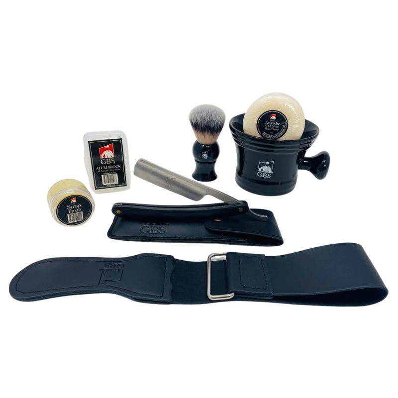 G.B.S Stylish Shaving Set - Shave Ready Straight Razor, Honing Sharpening Strop, Leather Case for Straight Razor, Ceramic Mug, Synthetic Brush with Stand, Alum & Shaving Soap, Black