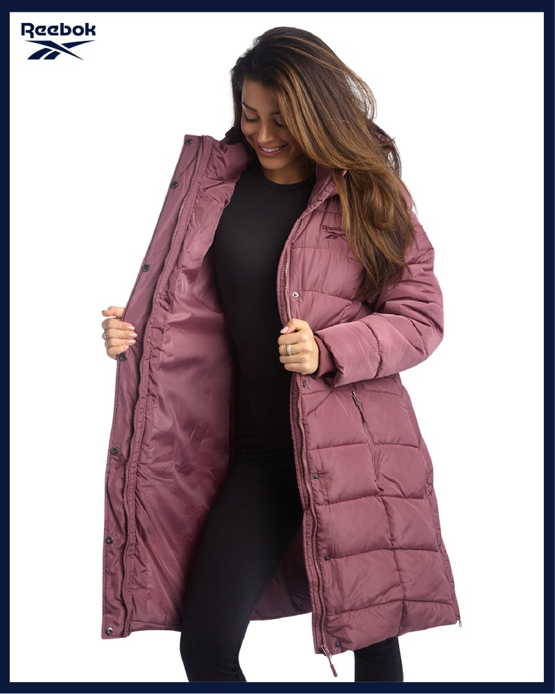 Reebok Womens Maxi Puffer Jacket - Long Length Parka - Heavyweight Wind & Water Resistant Insulated Winter Jackets for Women, Size Small, Pink Haze - Image 2