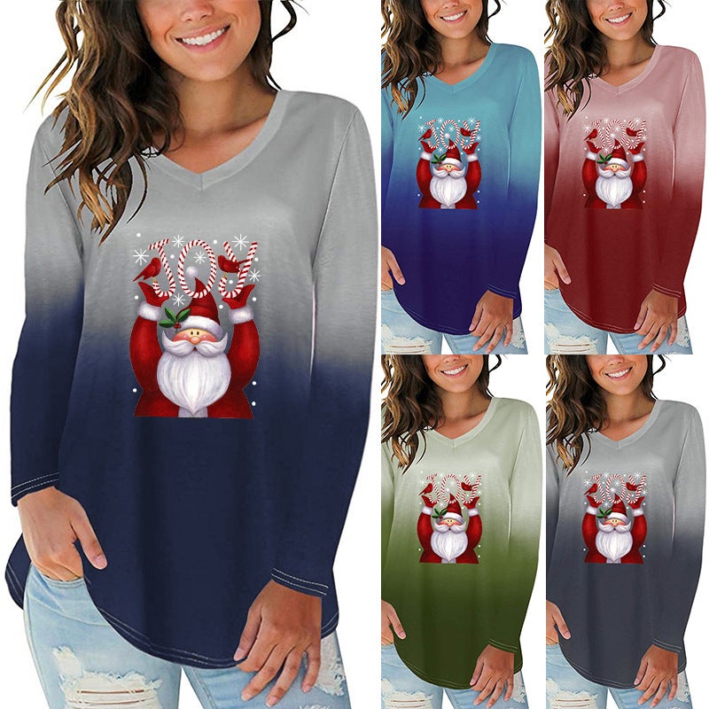 2020 New Gradient Color Christmas Letter Print Irregular Hem Women'S V-Neck Long Sleeve T-Shirt - Image 2