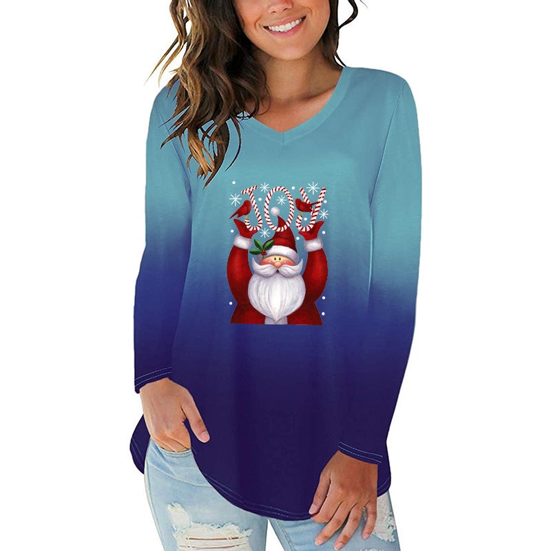 2020 New Gradient Color Christmas Letter Print Irregular Hem Women'S V-Neck Long Sleeve T-Shirt - Image 5