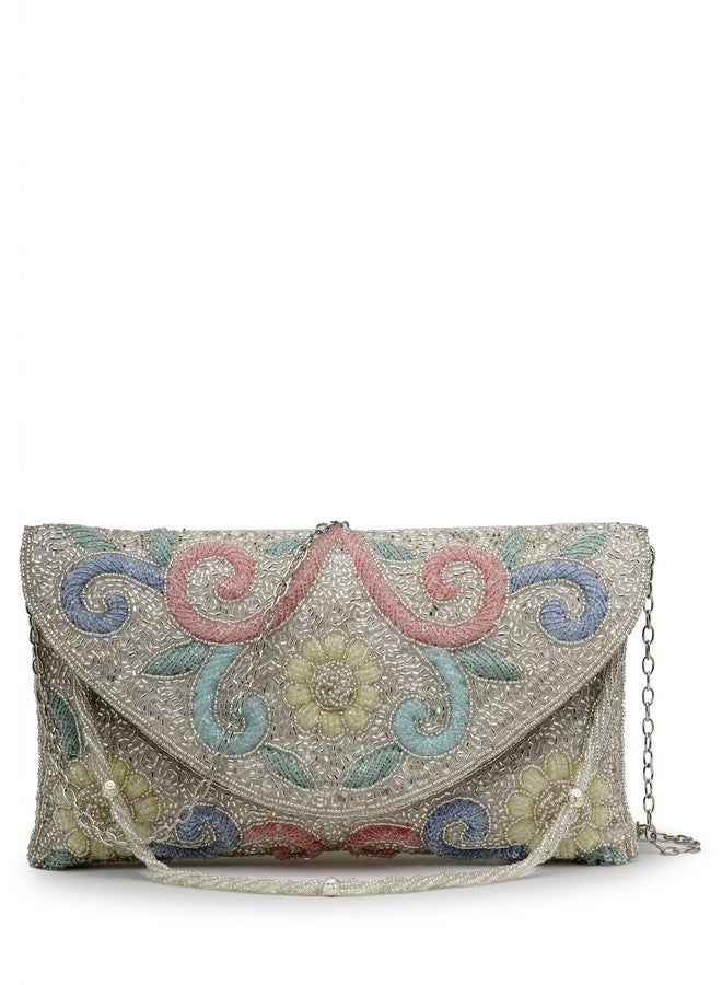 Anekaant Adorn Silver and Pastel Multi Floral Embellished Faux Silk Clutch - Image 1