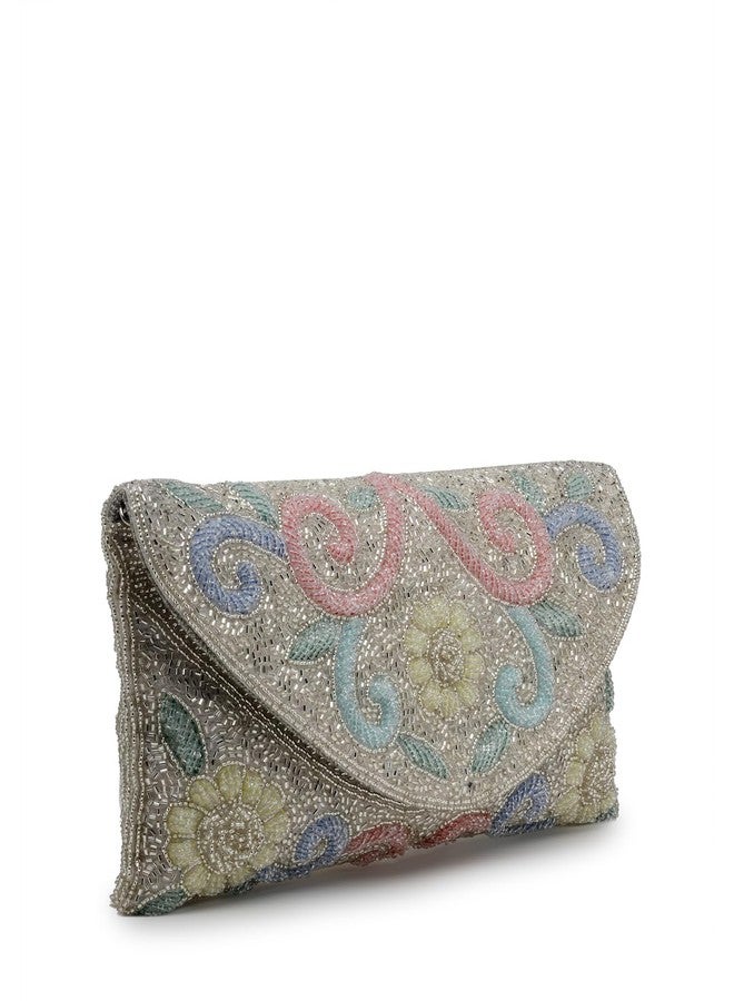 Anekaant Adorn Silver and Pastel Multi Floral Embellished Faux Silk Clutch - Image 4