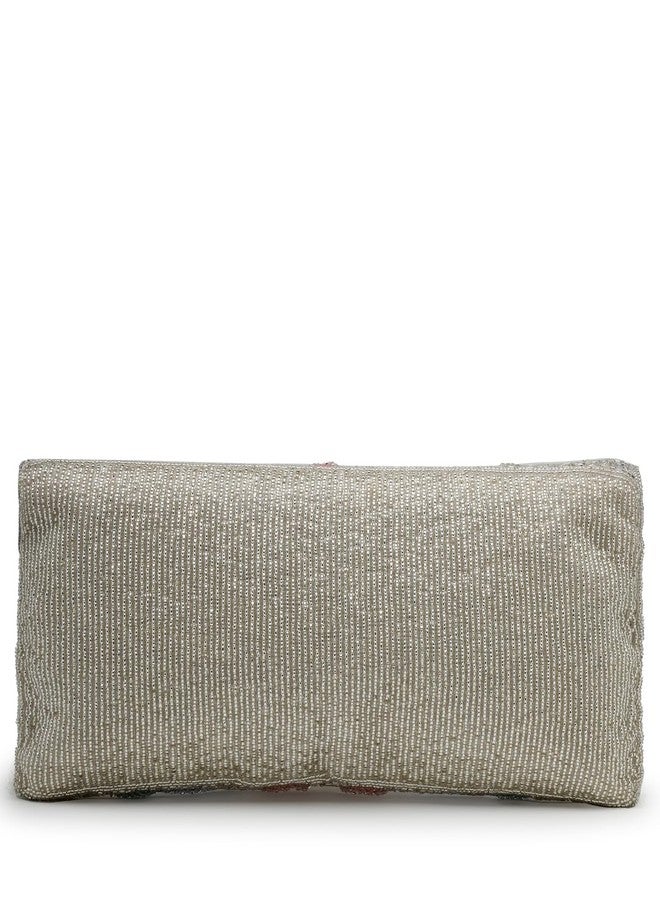 Anekaant Adorn Silver and Pastel Multi Floral Embellished Faux Silk Clutch - Image 5