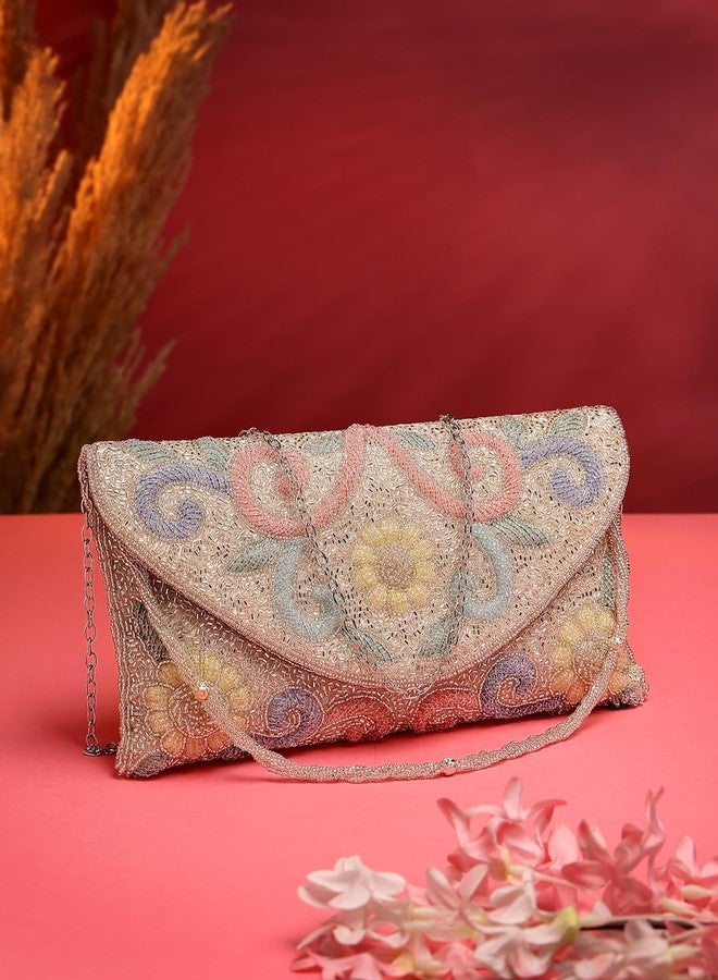 Anekaant Adorn Silver and Pastel Multi Floral Embellished Faux Silk Clutch - Image 2