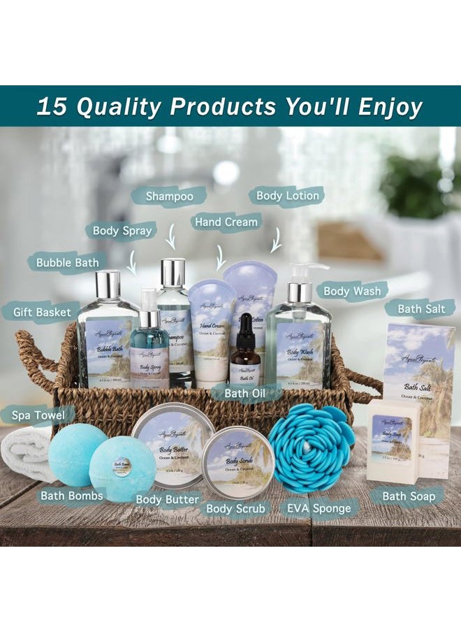 Aqua Elegante - Bath Spa Gift Sets - Luxury Basket With Ocean & Coconut - Spa Kit Includes Wash, Bubble Bath, Lotion, Bath Salts, Body Scrub, Shower Puff, Bathbombs, Soap and Towel - Image 1