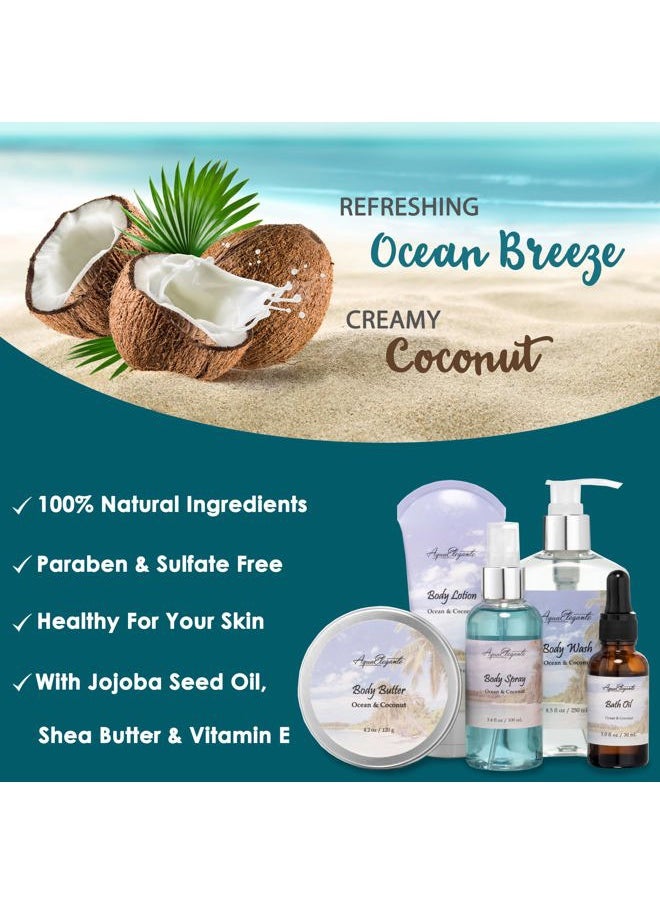 Aqua Elegante - Bath Spa Gift Sets - Luxury Basket With Ocean & Coconut - Spa Kit Includes Wash, Bubble Bath, Lotion, Bath Salts, Body Scrub, Shower Puff, Bathbombs, Soap and Towel - Image 1