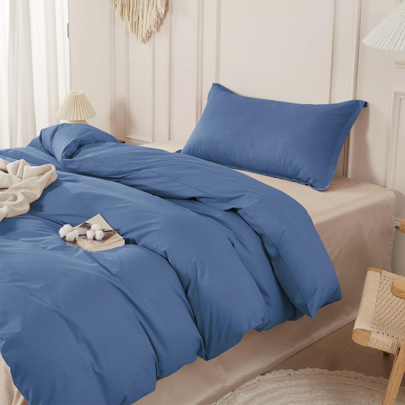 SAPHREAS 100% Washed Cotton Duvet Cover Twin Size Set, Linen Like Comforter Cover with Zipper Closure & Corner Ties (No Comforter), 68x90 Navy Blue - Image 1