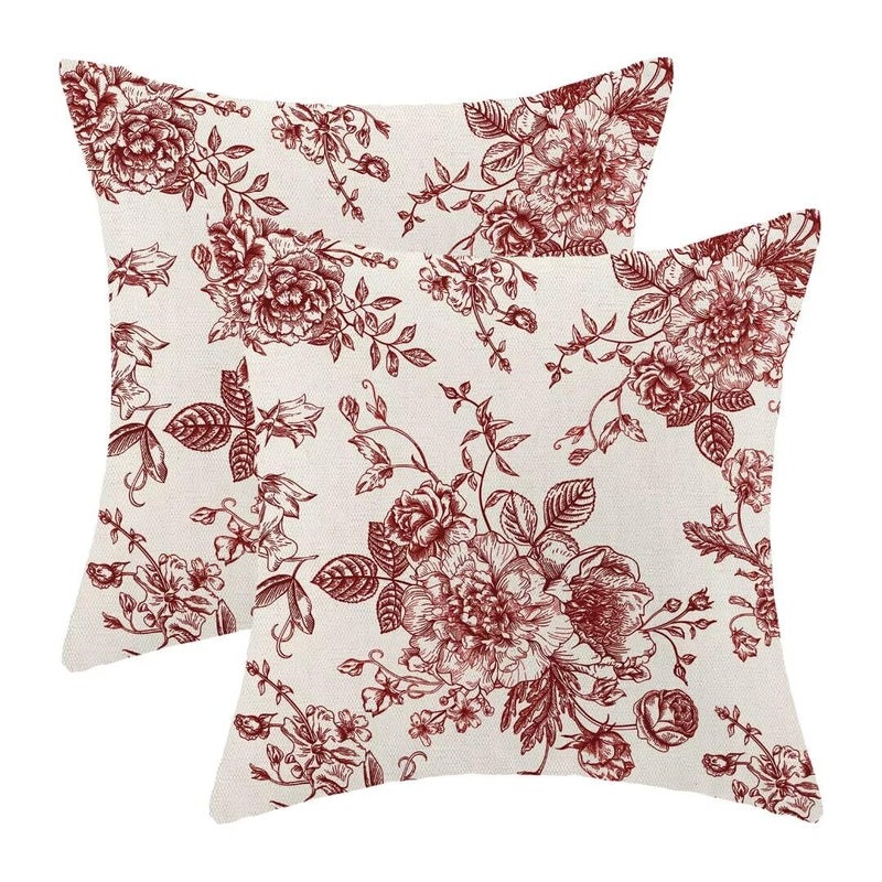 AEIOAE Chinoiserie Floral Pillow Covers 18 x 18 Inch Set of 2 Vintage Burgundy Red Flower Decorative Throw Pillow Covers Outdoor Linen Farmhouse Decor Pillowcase for Home Sofa - Image 2