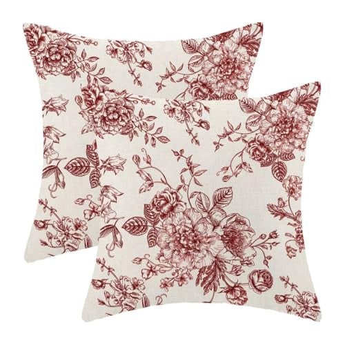 AEIOAE Chinoiserie Floral Pillow Covers 18 x 18 Inch Set of 2 Vintage Burgundy Red Flower Decorative Throw Pillow Covers Outdoor Linen Farmhouse Decor Pillowcase for Home Sofa - Image 1