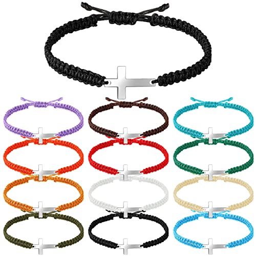 Jadive 12 Pcs Christmas Friendship Cross Bracelet Bulk for Women Men Jesus Christian Handmade Adjustable String Nylon Rope Braided Matching Bracelet for Baptism BFF Lucky Gifts(Colorful) - Image 1