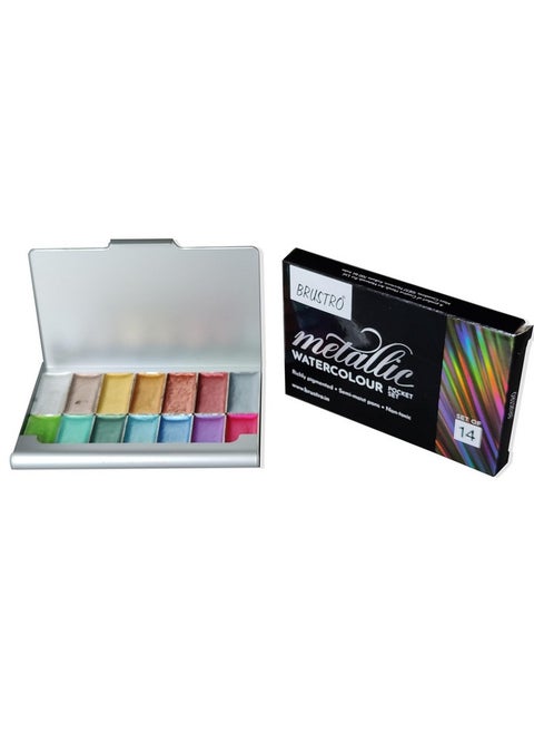 BRUSTRO Artists Metallic Watercolour Pocket Set of 14 Half Pans | Richly Pigmented, Semi Moist Pans, Ideal for Still life, Portrait, Landscape, Watercolour Paintings.
