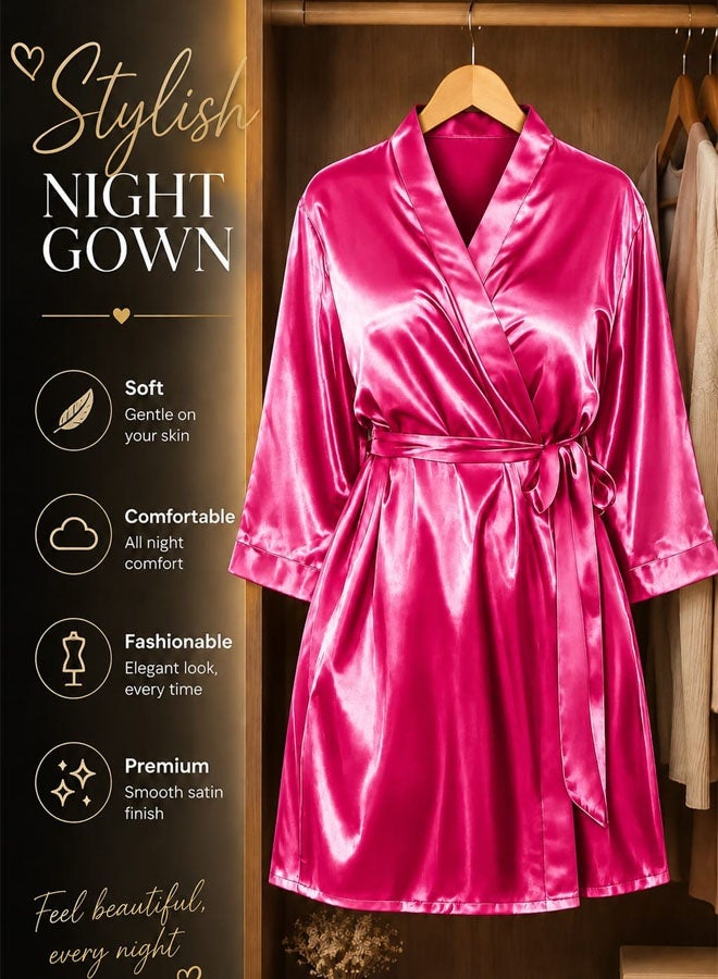 MARGOUN Women's XL/2XL Size Pure Short Satin Robes Bridesmaid and Bride Silky Robes Sleepwear Soft Dressing Gown Bride Pajamas Morning Robe Mid-Length Nightdress Pink - Image 2