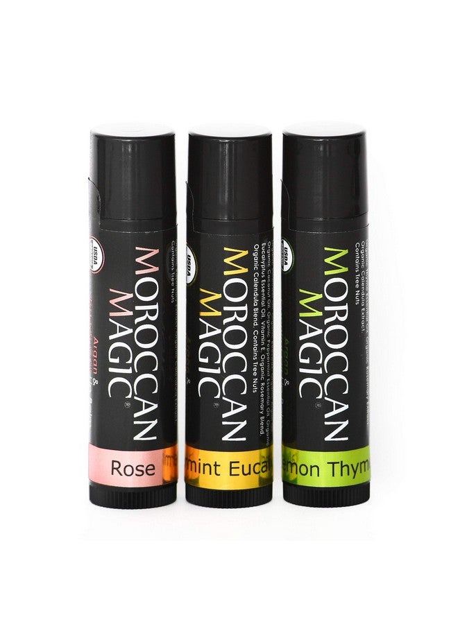 Moroccan Magic Organic Lip Balm Variety Pack Gift Set | Natural Argan and Essential Oils | Quality Smooth Application | Non-Toxic Cruelty Free | Rose, Peppermint Eucalyptus, Lemon Thyme | 3 Pack - Image 1