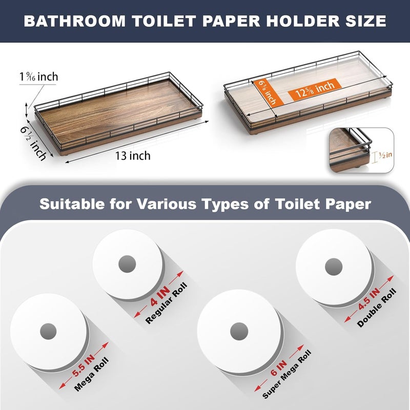 Focusonit Farmhouse Bathroom Toilet Tank Tray, 13" Acacia Wood Toilet Paper Storage Basket Tray Back of Toilet Basket Organizer Bathroom Vanity Tray for Perfume Makeup Candle Kitchen Coffee Table Bar Tray Decor - Image 3