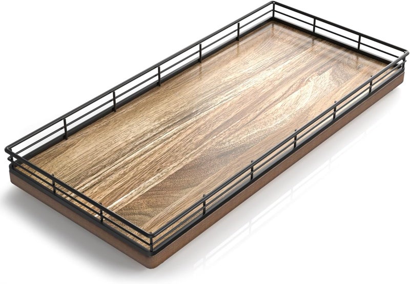 Focusonit Farmhouse Bathroom Toilet Tank Tray, 13" Acacia Wood Toilet Paper Storage Basket Tray Back of Toilet Basket Organizer Bathroom Vanity Tray for Perfume Makeup Candle Kitchen Coffee Table Bar Tray Decor - Image 2