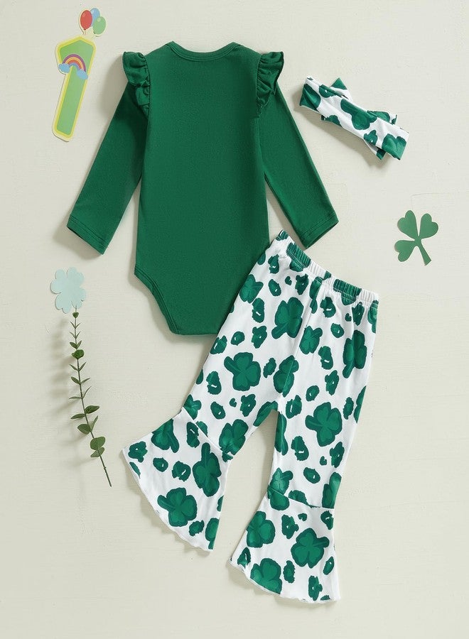 Karuedoo Newborn Baby Girl St Patricks Day Outfits Letter Print Long Sleeve Romper Clover Flared Pants Headband 3Pcs Sets (Green, 12-18 Months) - Image 3