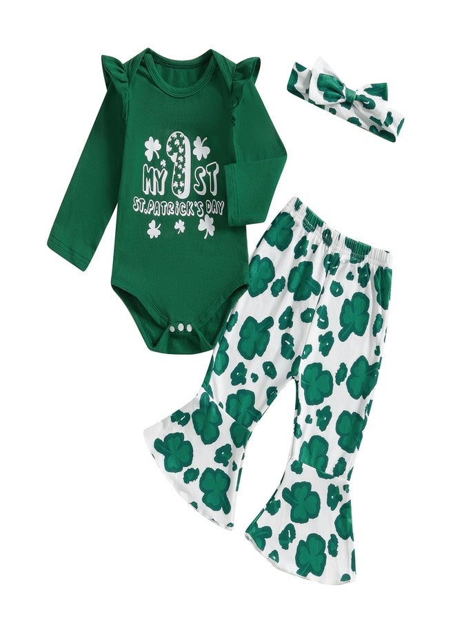 Karuedoo Newborn Baby Girl St Patricks Day Outfits Letter Print Long Sleeve Romper Clover Flared Pants Headband 3Pcs Sets (Green, 12-18 Months) - Image 1