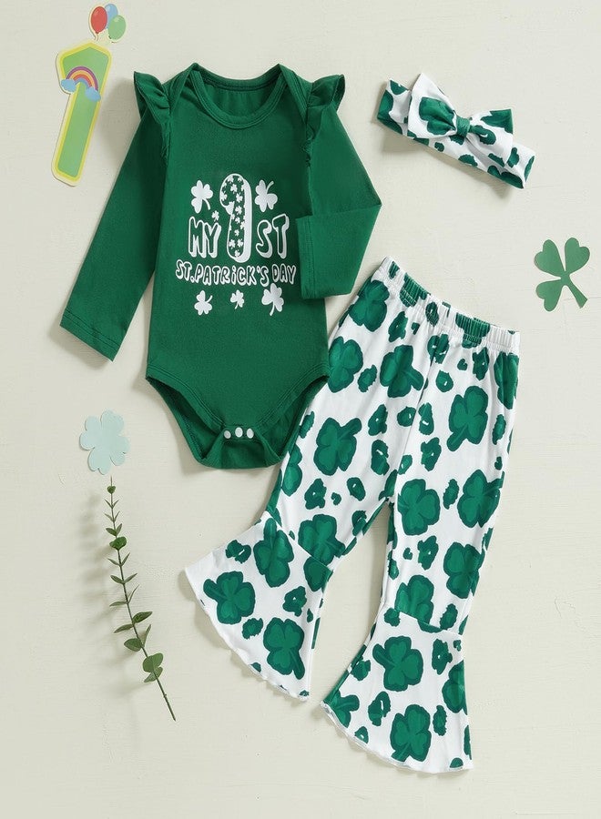 Karuedoo Newborn Baby Girl St Patricks Day Outfits Letter Print Long Sleeve Romper Clover Flared Pants Headband 3Pcs Sets (Green, 12-18 Months) - Image 2