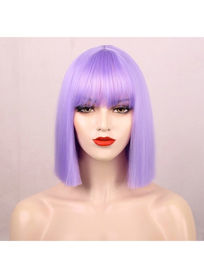 ENTRANCED STYLES باروكة لافندر بنفسجي قصيرة باروكات ملونة ألياف مقاومة للحرارة باروكات صناعية شعر مستقيم مع غرة للاستخدام اليومي للنساء باروكة تنكرية لعيد الهالوين - Image 1