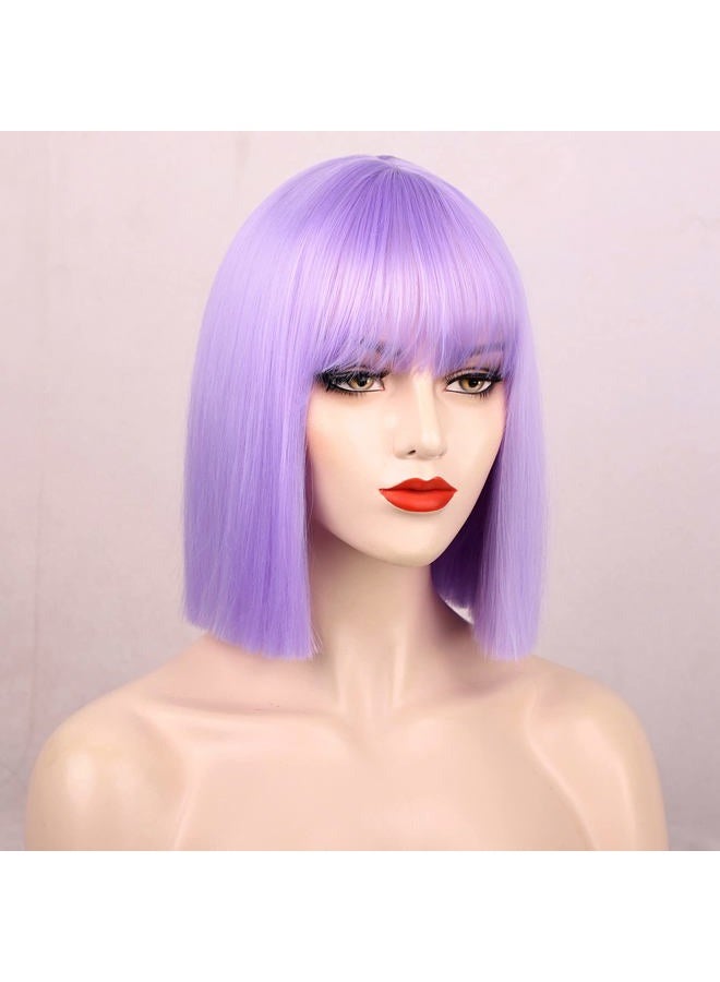 ENTRANCED STYLES باروكة لافندر بنفسجي قصيرة باروكات ملونة ألياف مقاومة للحرارة باروكات صناعية شعر مستقيم مع غرة للاستخدام اليومي للنساء باروكة تنكرية لعيد الهالوين - Image 3