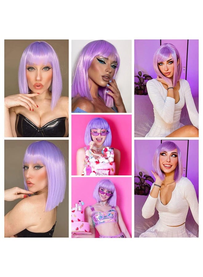 ENTRANCED STYLES باروكة لافندر بنفسجي قصيرة باروكات ملونة ألياف مقاومة للحرارة باروكات صناعية شعر مستقيم مع غرة للاستخدام اليومي للنساء باروكة تنكرية لعيد الهالوين - Image 2