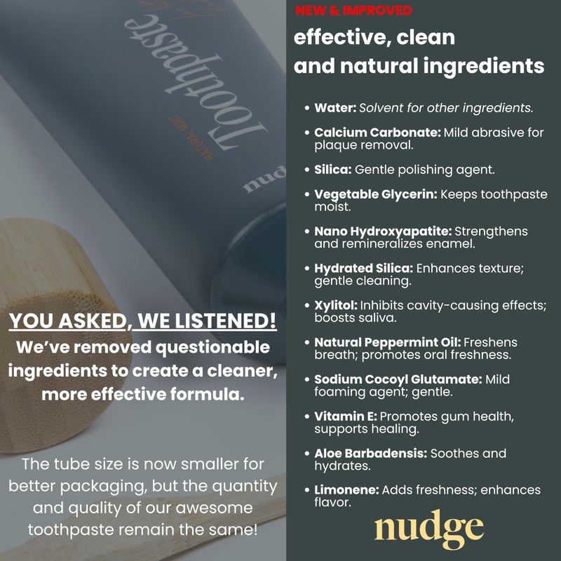 Nudge 10% Nano Hydroxyapatite Toothpaste, Enamel Friendly Advanced Clean, Vitamin E, Fluoride-Free, SLS-Free, Mint, 4.5 oz - Image 2