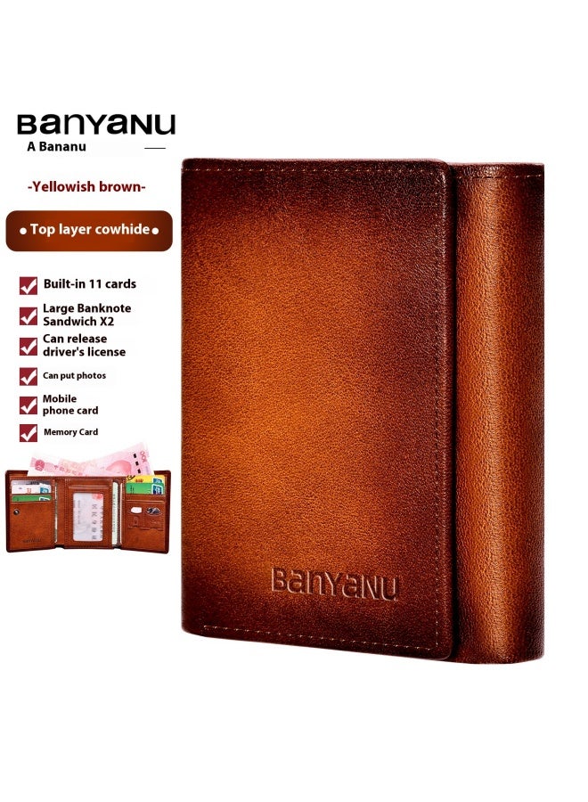 بانيانو محفظة رجالية جلدية قصيرة للرجال ثلاثية الطيات من الجلد متعدد البطاقات بفتحة متعددة البطاقات من جلد البقر باللون البني (ألياف دقيقة) - Image 1