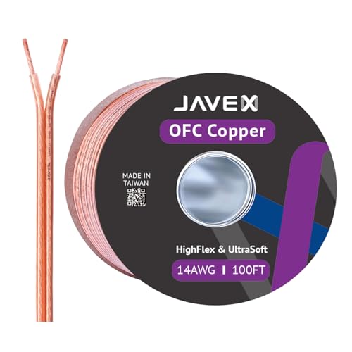 JAVEX 14-Gauge AWG Audio Speaker Wire Cable (100 FT), [OFC Oxygen-Free Copper] Thin Flat Cable for Automotive Car Stereo Audio, HI-FI Stereo, Home Theater - Image 1