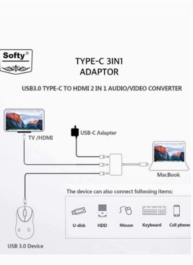 joyzzz USB Type C 3 in 1 4K HDMI Switch Output USB C Charging Port For MacBook Samsung Huawei Apple Converter  - Image 3