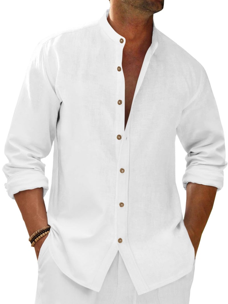 Runcati Mens Casual Linen Shirts 3/4 Sleeve Button Down Banded Collar Summer Beach Shirt White - Image 1