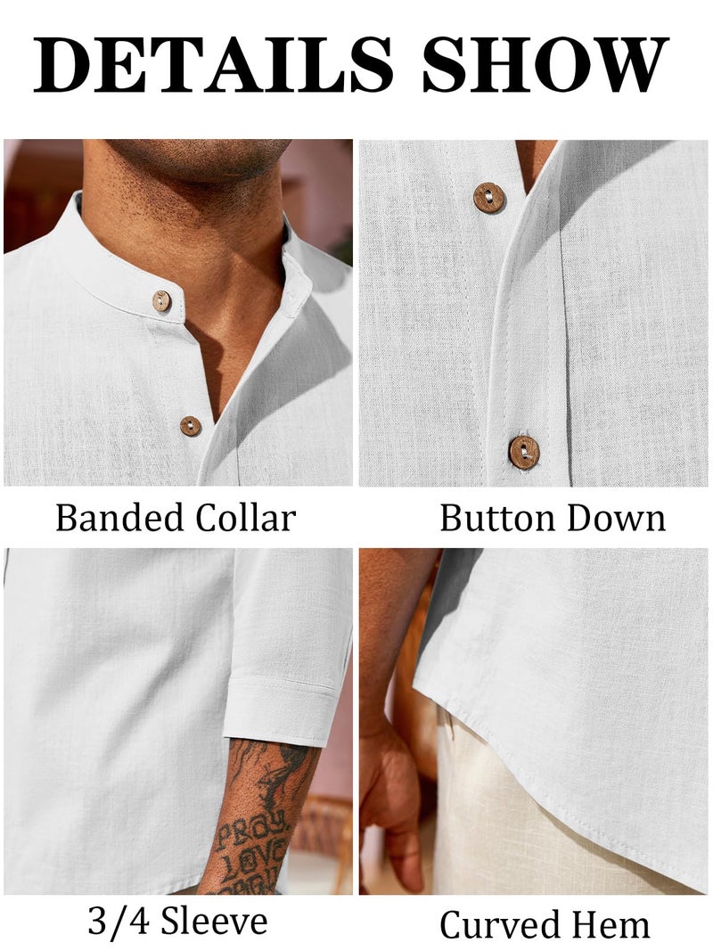 Runcati Mens Casual Linen Shirts 3/4 Sleeve Button Down Banded Collar Summer Beach Shirt White - Image 5