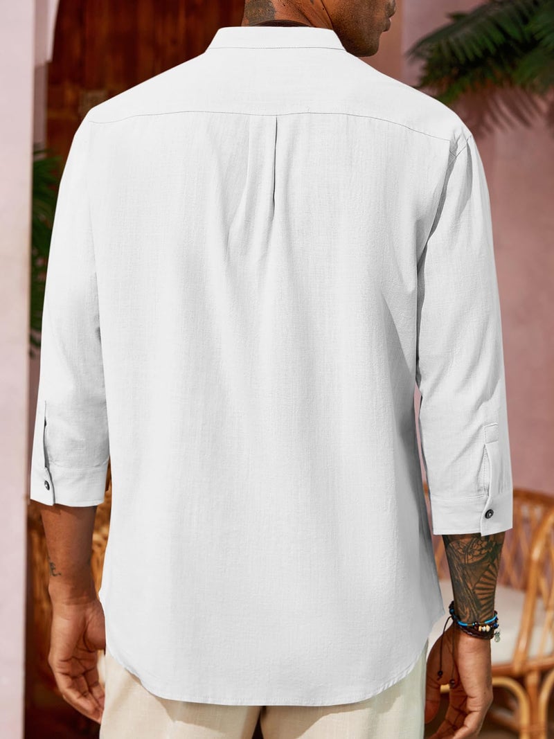 Runcati Mens Casual Linen Shirts 3/4 Sleeve Button Down Banded Collar Summer Beach Shirt White - Image 3