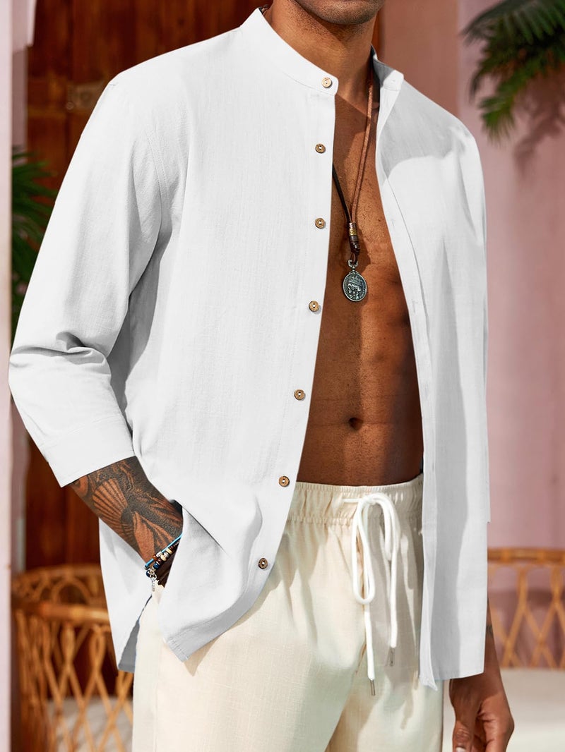 Runcati Mens Casual Linen Shirts 3/4 Sleeve Button Down Banded Collar Summer Beach Shirt White - Image 2