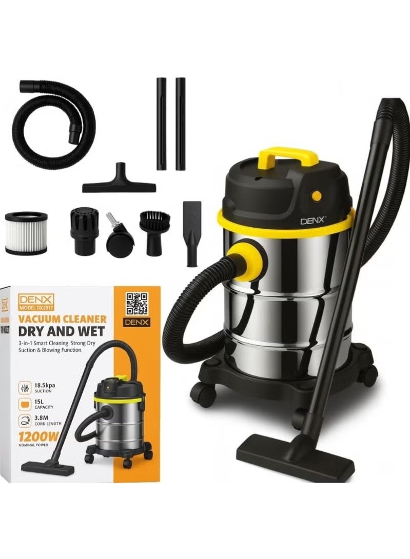 Dinex 3-in-1 vacuum cleaner for wet and dry cleaning and blowing, with 1200W power and 18.5 kPa suction, made of stainless steel, with a 15-liter capacity. - Image 1