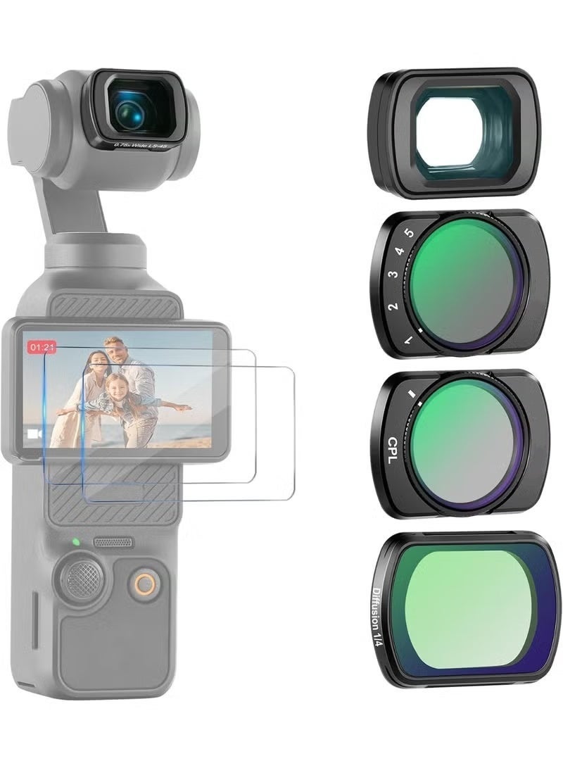 KORAX 4 Pack Filter Set Compatible with Dji Osmo Pocket 3/4, 0.75x Wide Angle Lens + ND2-32 Variable ND + CPL Polarizing + 1/4 Black Diffusion Filter, Ideal for Travel Vlog, Landscape, Portrait & Street Shooting - Image 1