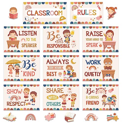 Harloon 43 Pcs Classroom Rules Posters Boho Class Rules Bulletin Board Motivational Educational Behavior Wall Decor Classroom Good Habits Banner for Student Back to School Party Wall Decor Supplies - Image 1
