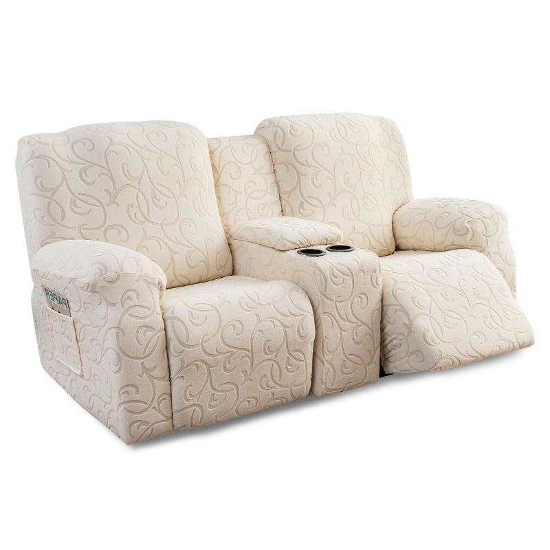 YUEANG Recliner Loveseat Cover with Center Console 2 Seater Jacquard Recliner Sofa Slipcover with Pockets Washable Stretch Reclining Couch Covers Furniture Protector with Elastic Straps Beige