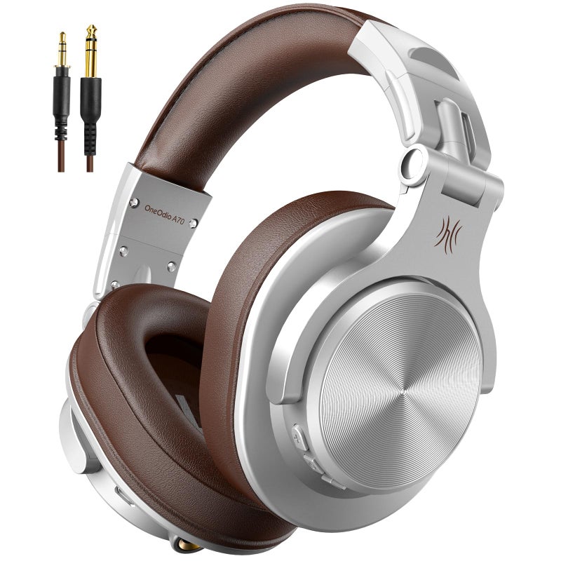 ون أوديو سماعات رأس A70 بلوتوث فوق الأذن، سماعات رأس لاسلكية مع وقت تشغيل 72 ساعة، عالية الدقة، مقبس صوت سلكي 3.5 مم/6.35 مم لشاشة الاستوديو ومزج DJ Guitar AMP، كمبيوتر محمول، كمبيوتر لوحي - فضي بني - Image 1