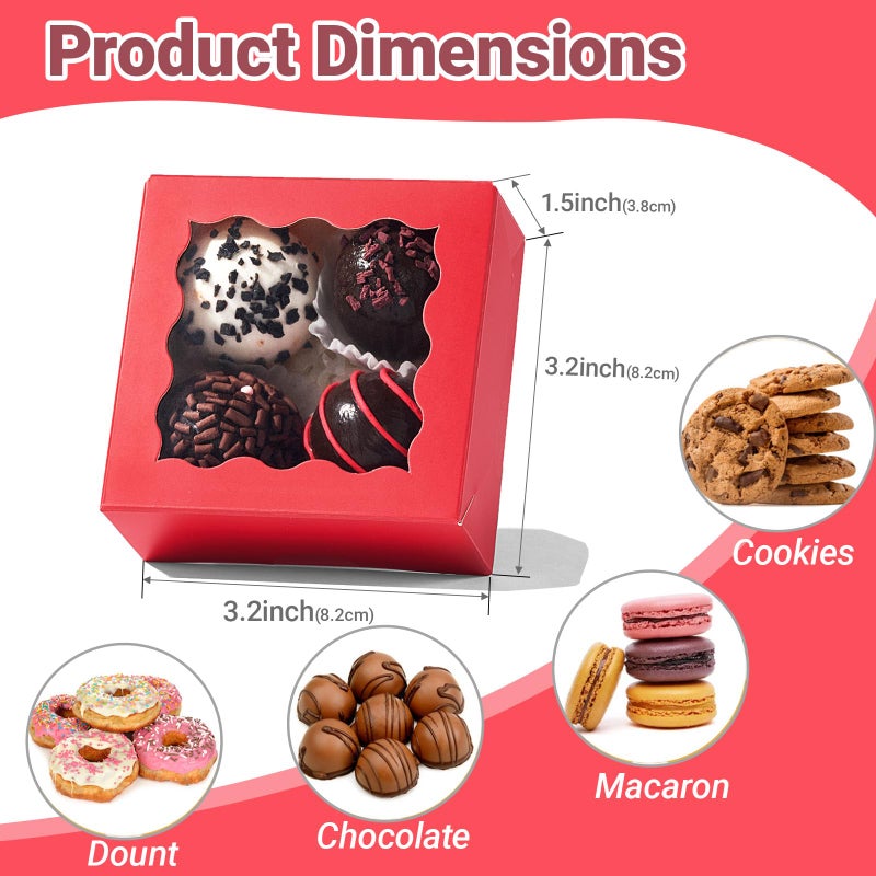ROSPAKTEK 3Â¼" x 3Â¼" x 1Â½" 50PCS Chocolate Truffle Red Boxes for 4ï¼ŒCookies Boxes Soap Boxes Donut Boxes Macaron Boxes Mini Bakery Boxes with Window Brownie Box - Image 2