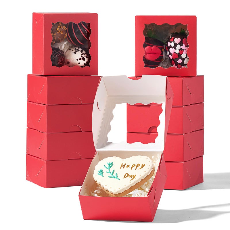 ROSPAKTEK 3Â¼" x 3Â¼" x 1Â½" 50PCS Chocolate Truffle Red Boxes for 4ï¼ŒCookies Boxes Soap Boxes Donut Boxes Macaron Boxes Mini Bakery Boxes with Window Brownie Box - Image 1